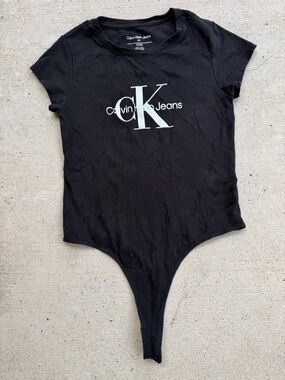 Calvin Klein Jeans Pima Cotton Modal Logo Short Sleeve Thong Bodysuit Black L